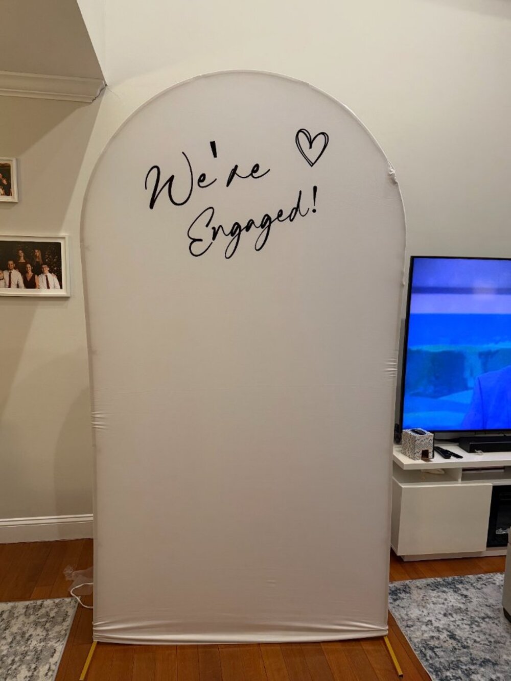 We're Engaged White Stretch Fabric Arch Cover / Backdrop Cover